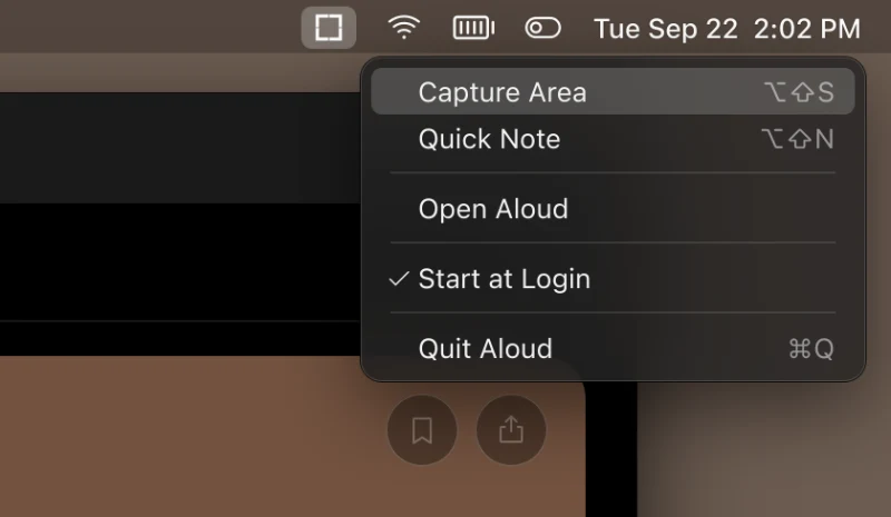 Aloud’s menu-bar item, open: Capture Area, Quick Note, Open Aloud, Start at Login and Quit Aloud.