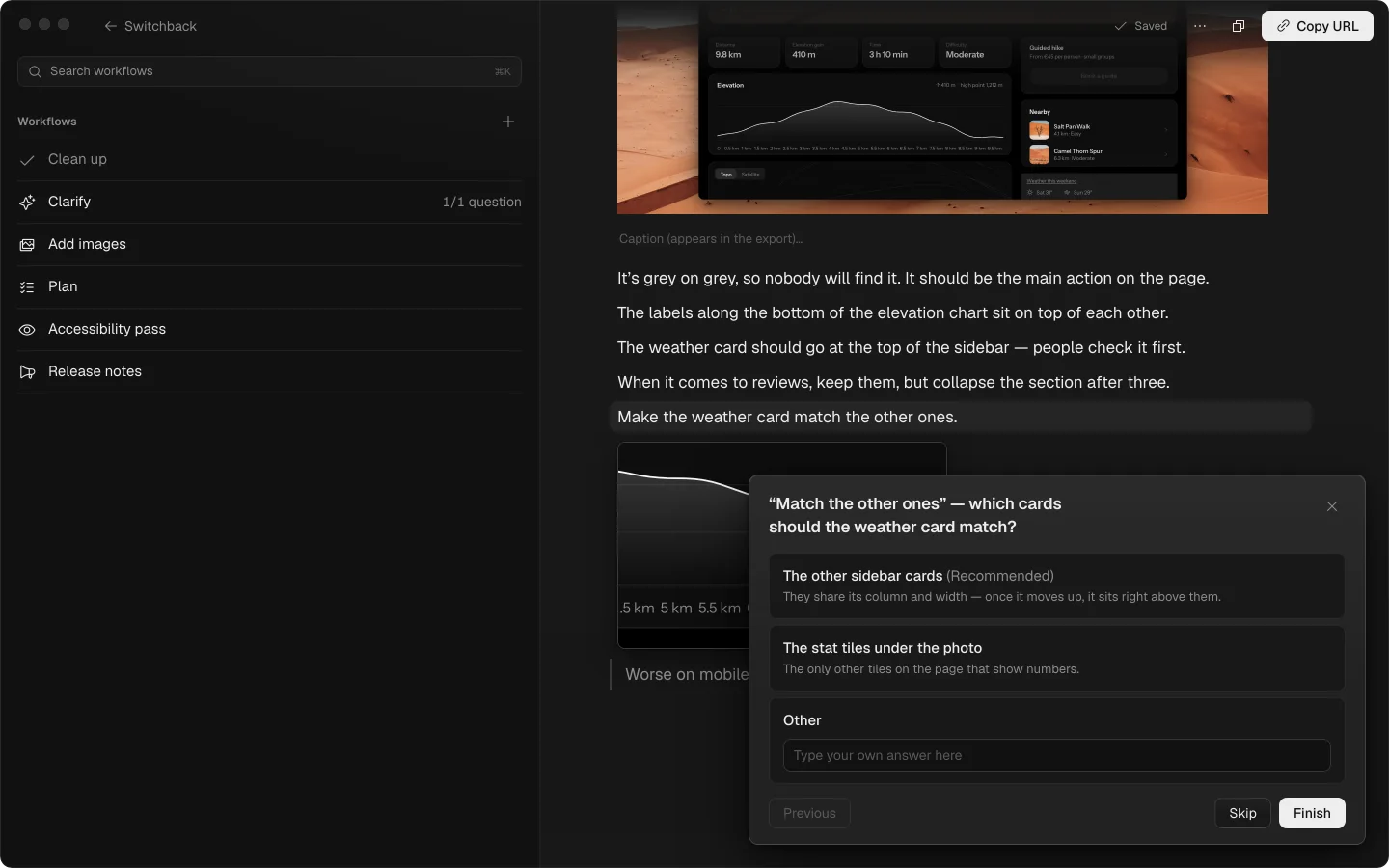 Clarify asks which cards the weather card should match, with the recommended answer and the reason for each.