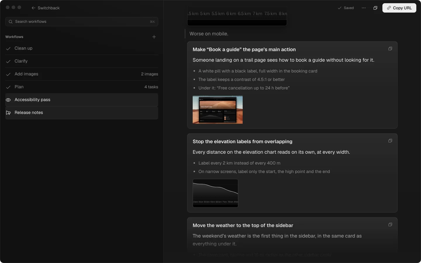 The workflows rail with two of your own, Accessibility pass and Release notes, under the four built in.