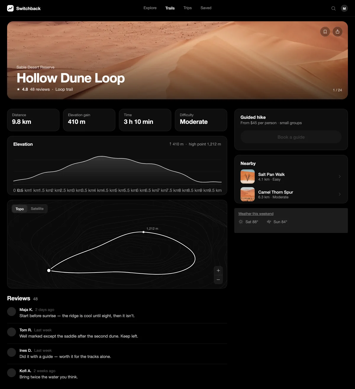 Switchback’s trail page on staging, the app being tested: the Hollow Dune Loop, its stats and elevation chart, a grey Book a guide button, the map and four reviews.